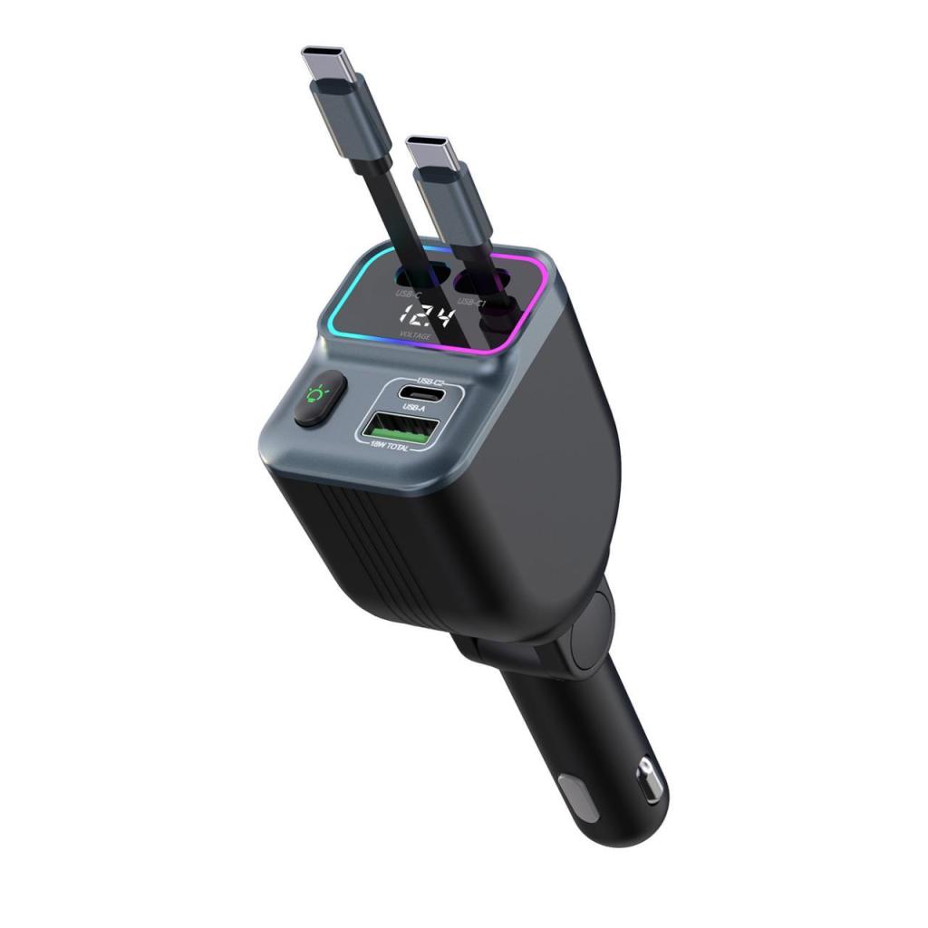 65W 4-in-1 Car Charger with Retractable Type-C & Lightning Cables (80cm), Fast Charging Hub with Extra USB-C & USB-A Ports, and Digital Voltage Display