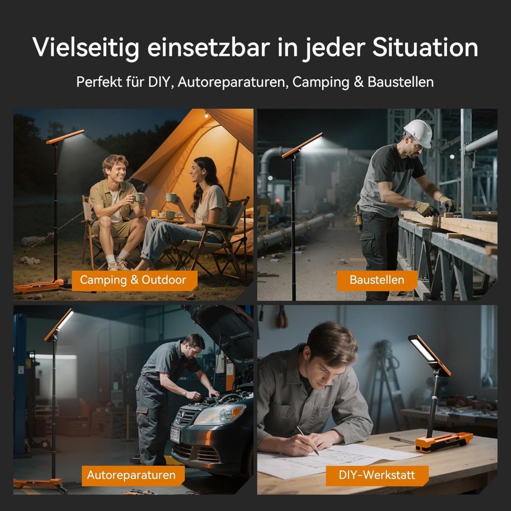 LED Construction Spotlight with Tripod, 1500LM Work Light, Rechargeable LED Work Light with 3 Colour Temperatures (3000K/4500K/6000K), IP54 Waterproof, for Outdoor, DIY and Workshop [Energy Class F]